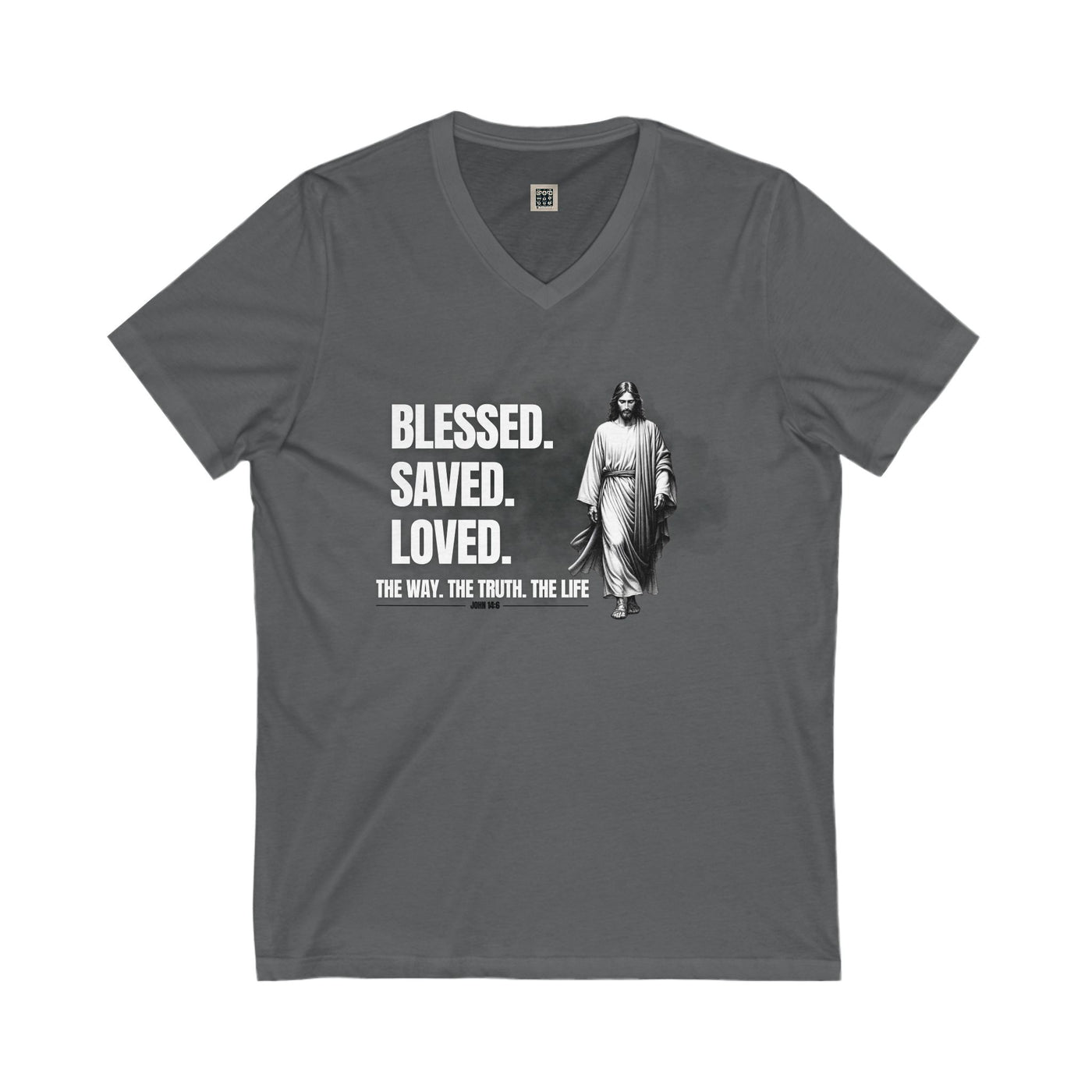Blessed Saved Loved Unisex V-Neck Tee - Inspirational Faith Shirt