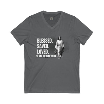 Blessed Saved Loved Unisex V-Neck Tee - Inspirational Faith Shirt
