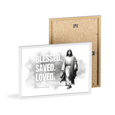 Inspirational Jesus Wall Art - Blessed, Saved, Loved - Framed Poster