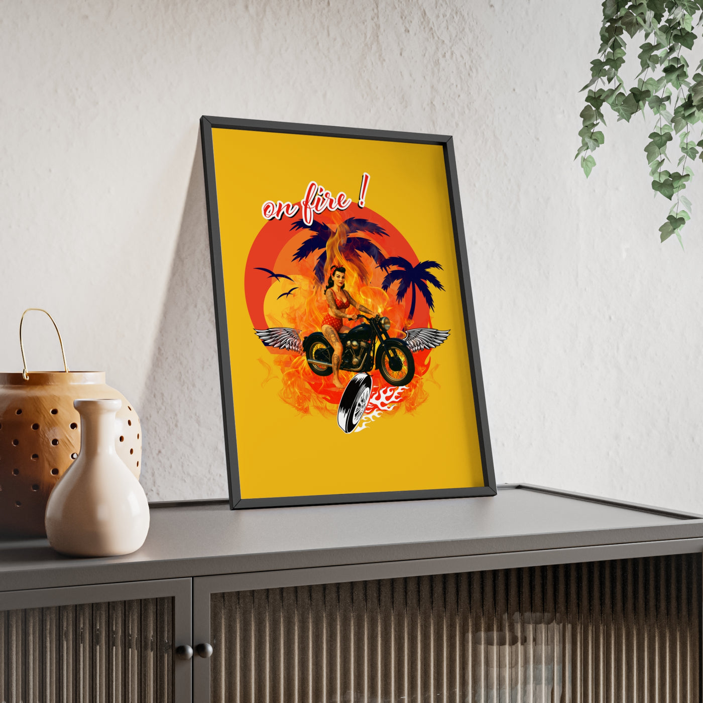 Vibrant Motorcycle Poster with Wooden Frame | Retro Wall Art for Bikers