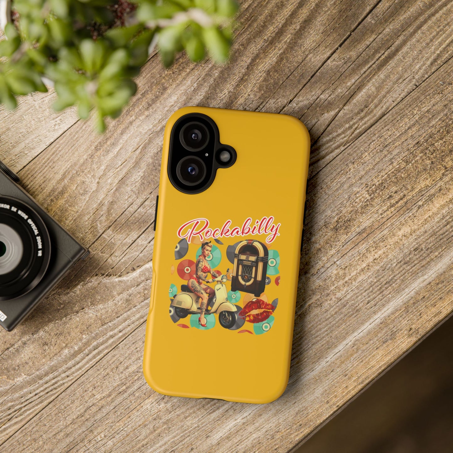 Rockabilly Phone Case, Vintage Scooter Design, Retro Style Cover, Fun Gift for Music Lovers, Yellow Tough Cases