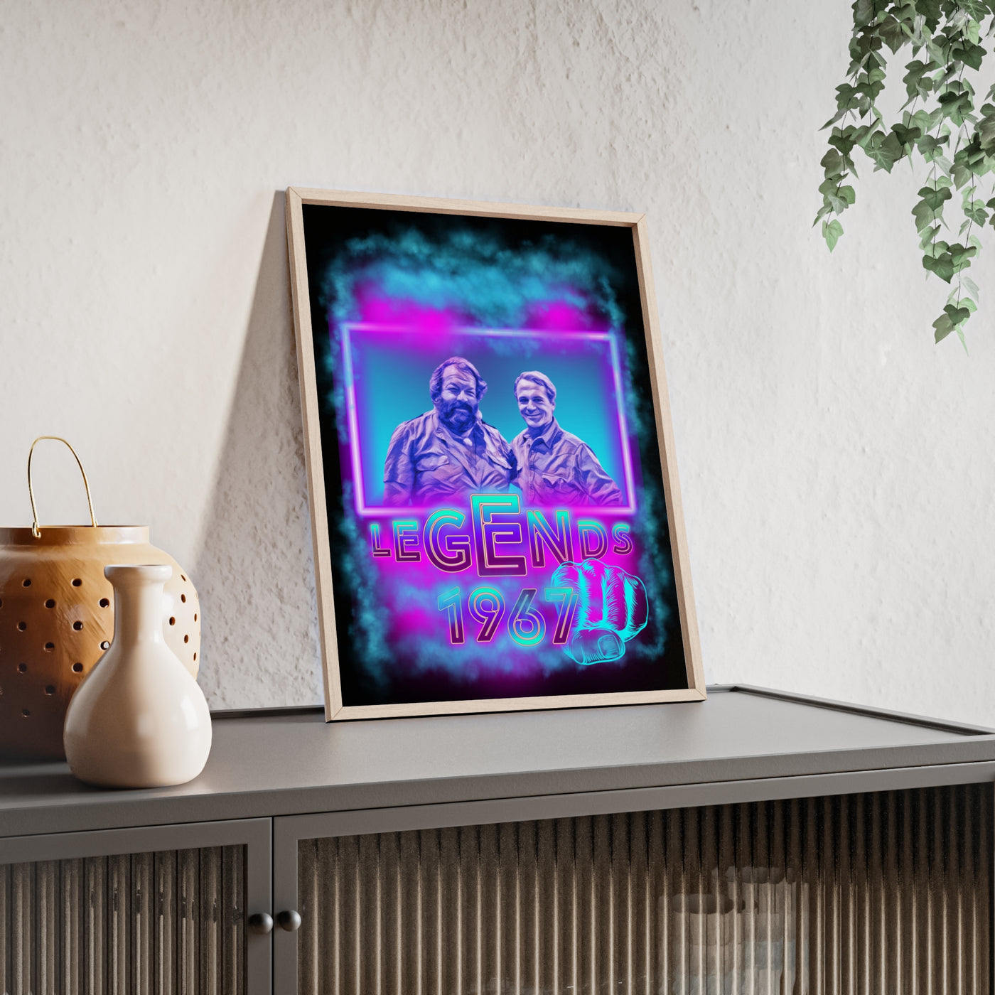 Retro Legends Poster with Wooden Frame - 1967 Nostalgia Art Bud Spencer &amp; Terence Hill