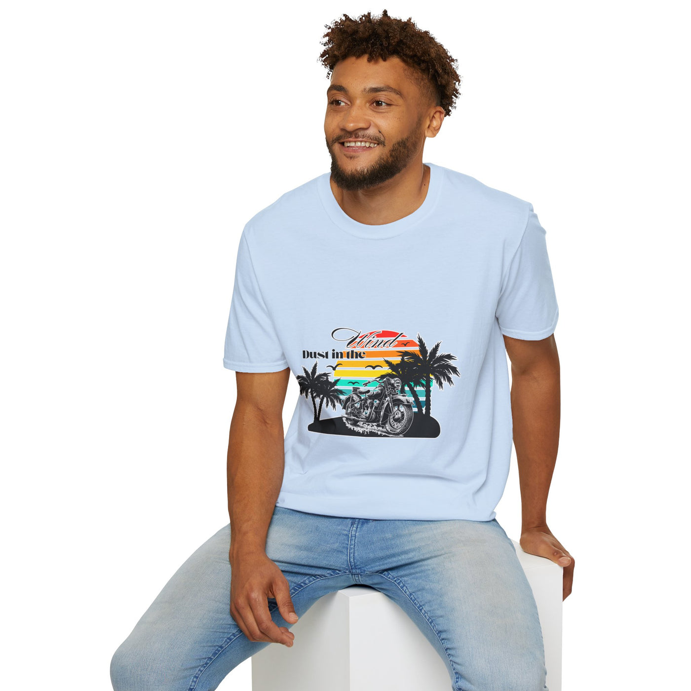 Dust in the Wind Unisex Jersey Tee – Retro Motorcycle & Palm Trees Design