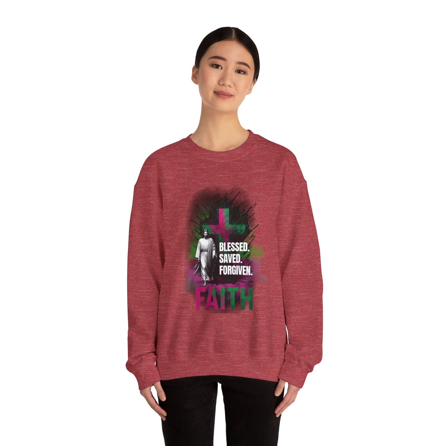 Jesus mit Faith und Spruch Blessed -Saved -Forgiven Sweatshirt