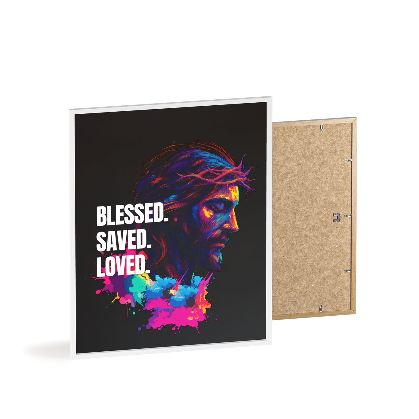 Inspirational Jesus Wall Art - 'Blessed, Saved, Loved' Poster with Wooden Frame 