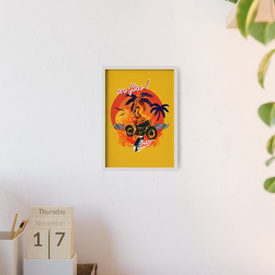 Vibrant Motorcycle Poster with Wooden Frame | Retro Wall Art for Bikers