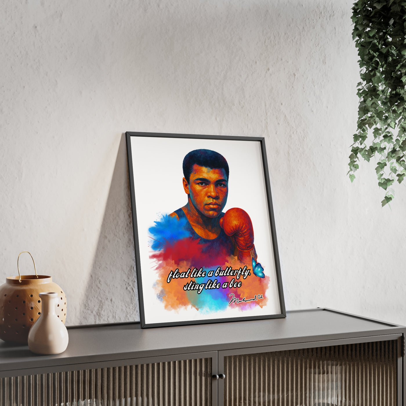 Inspirational Muhammad Ali Poster with Wooden Frame - Float Like a Butterfly, Sting Like a Bee