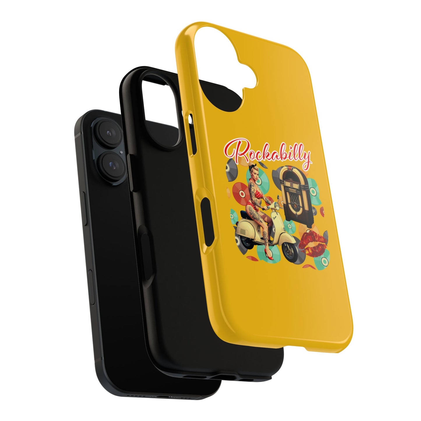 Rockabilly Phone Case, Vintage Scooter Design, Retro Style Cover, Fun Gift for Music Lovers, Yellow Tough Cases