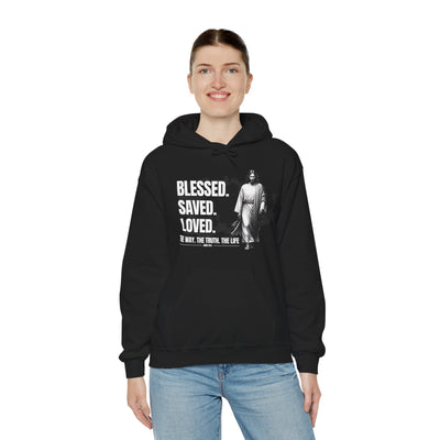 Blessed, Saved, Loved Hoodie - Unisex Heavy Blend Sweatshirt for Comfort and Faith Jesus