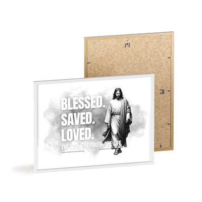 Inspirational Jesus Wall Art - Blessed, Saved, Loved - Framed Poster
