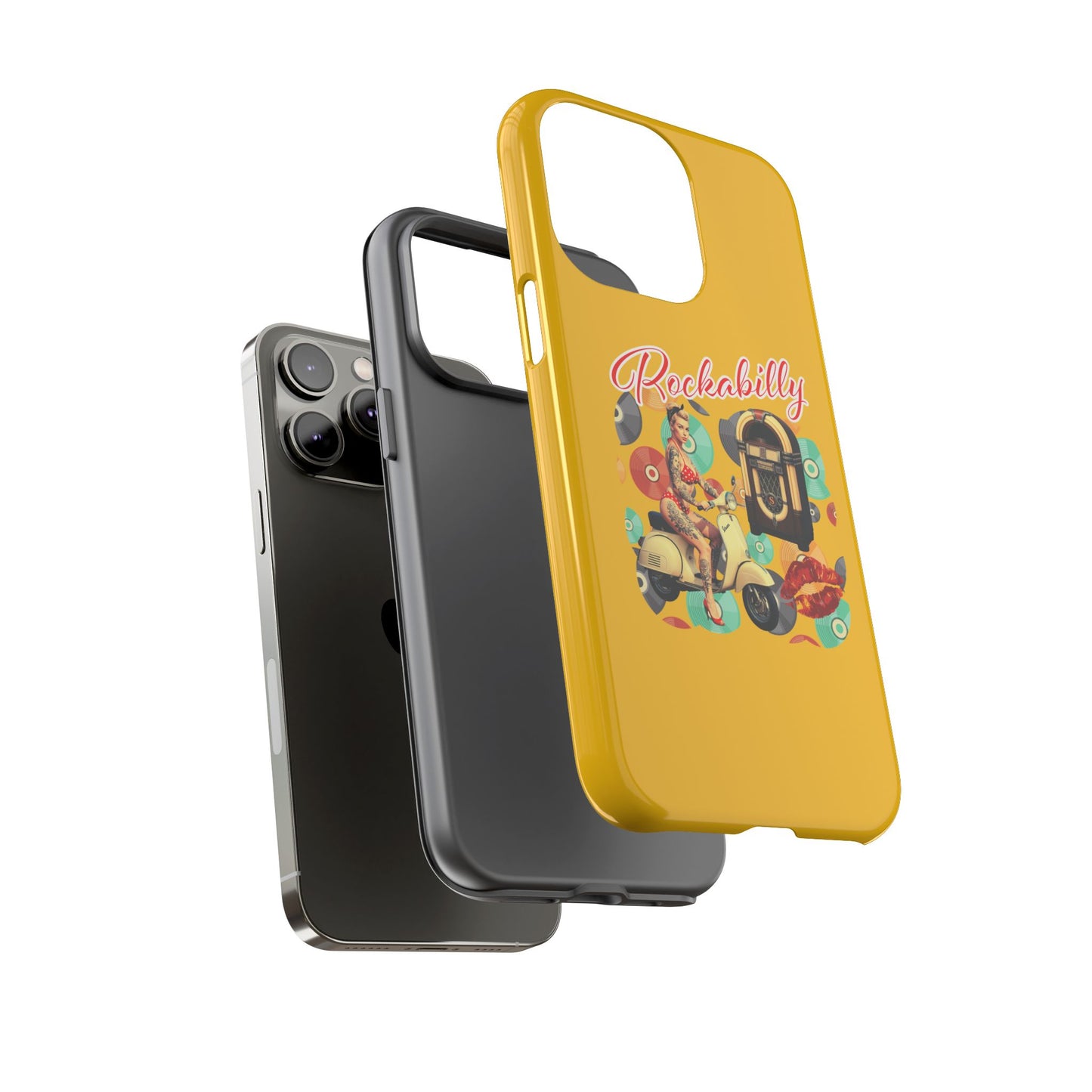 Rockabilly Phone Case, Vintage Scooter Design, Retro Style Cover, Fun Gift for Music Lovers, Yellow Tough Cases