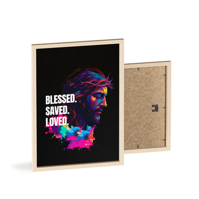 Inspirational Jesus Wall Art - 'Blessed, Saved, Loved' Poster with Wooden Frame 