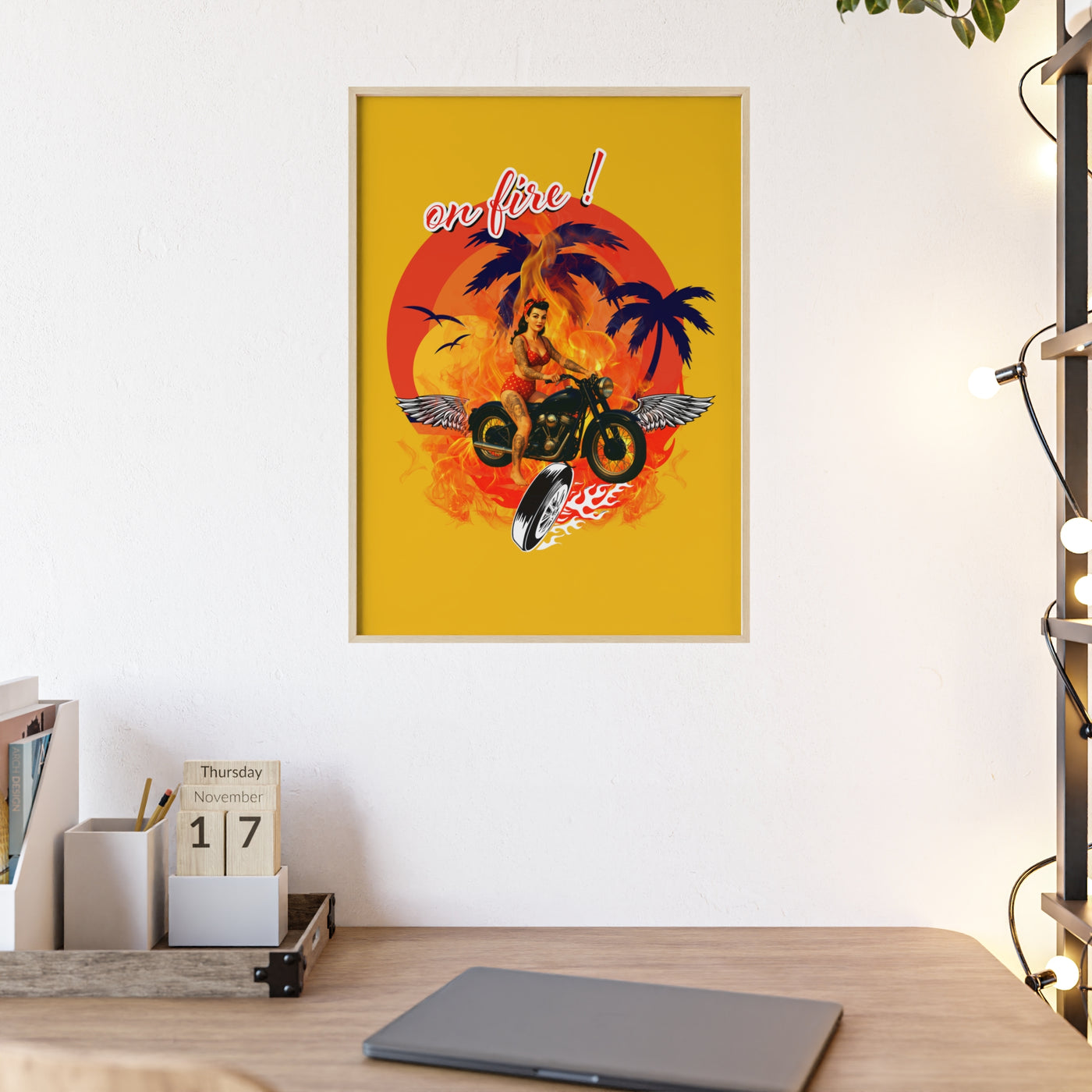 Vibrant Motorcycle Poster with Wooden Frame | Retro Wall Art for Bikers