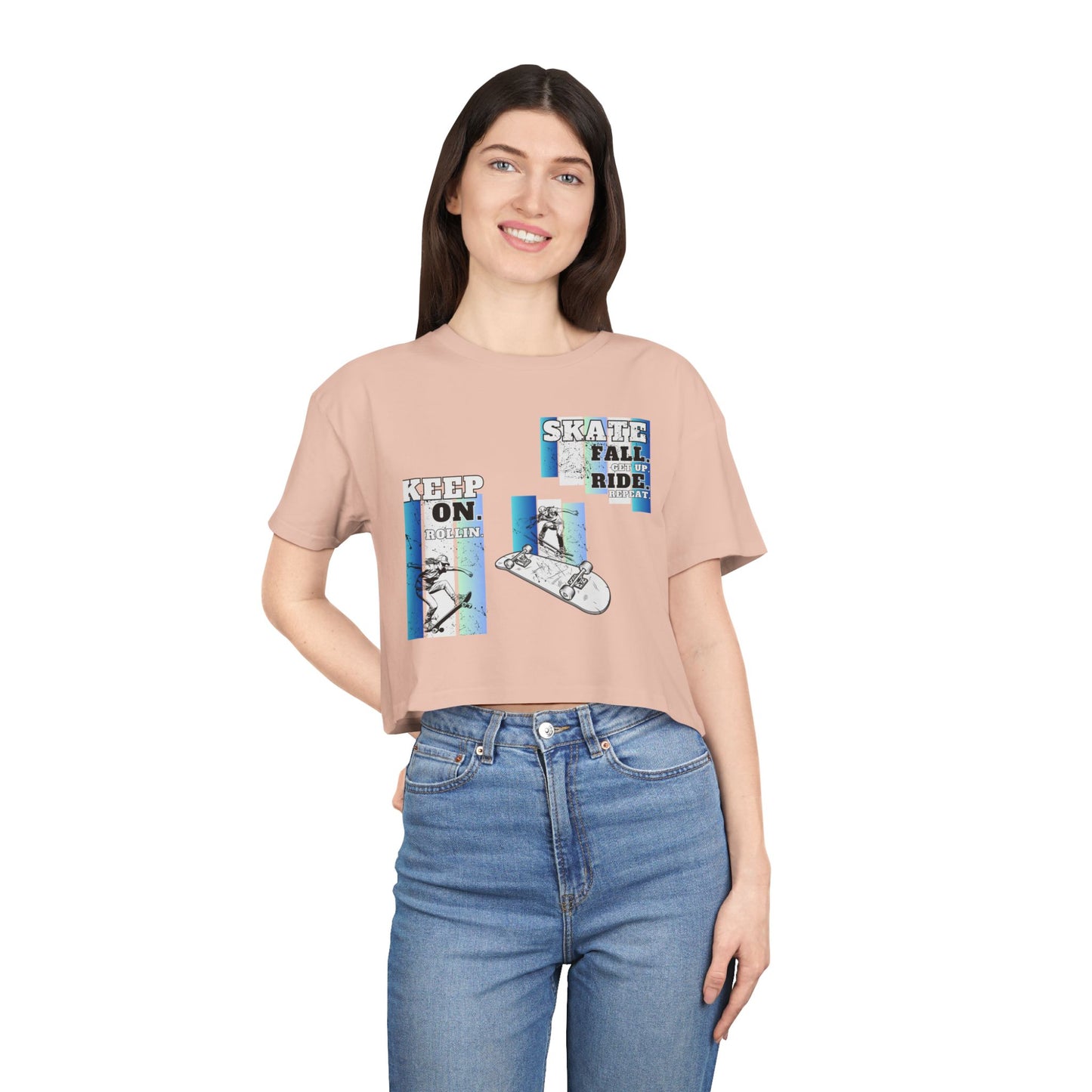Skateboarding Women's Crop Tee - Keep On Skatin' &amp; Fall Ride Graphic T-Shirt