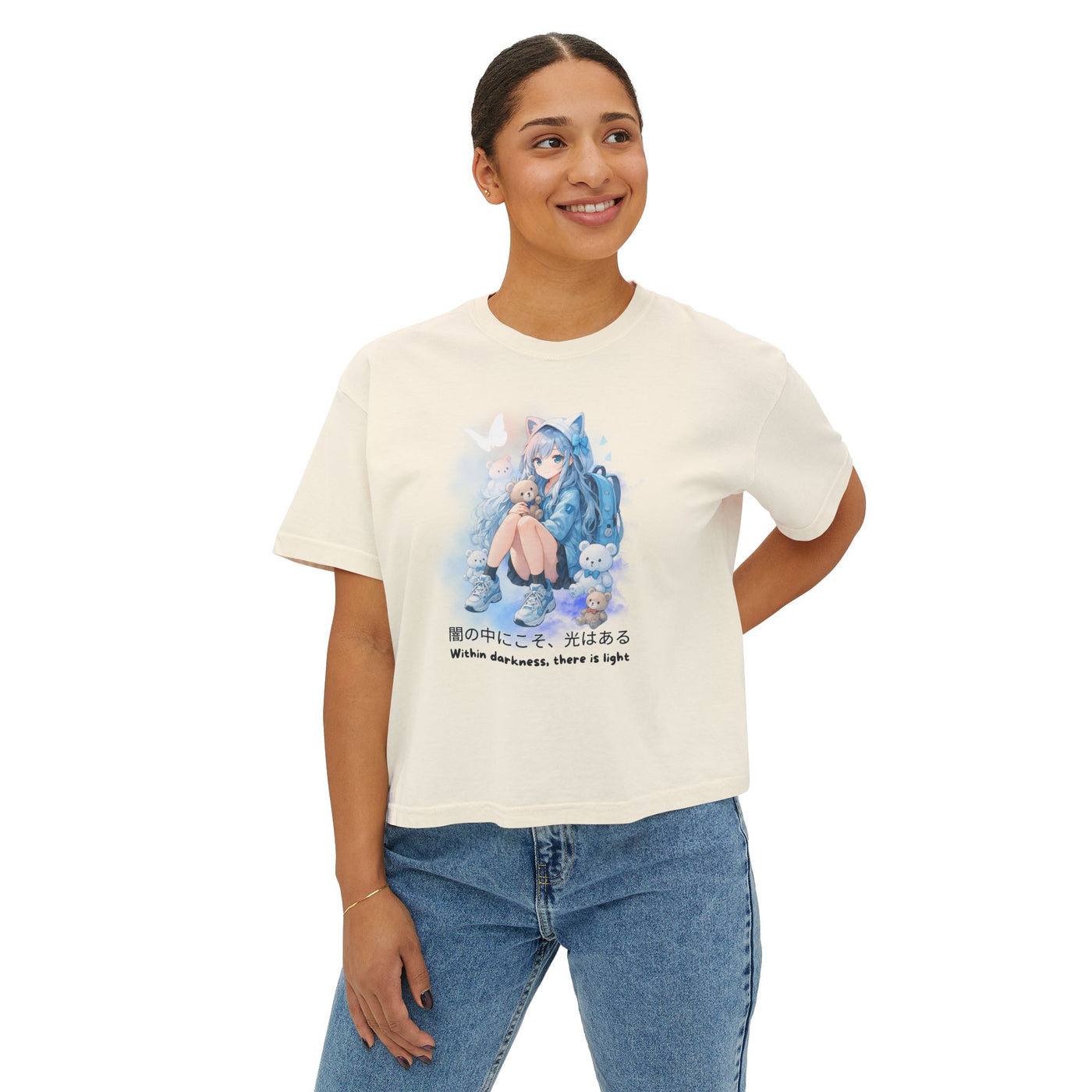 Women's Boxy Tee - "Within Darkness, There is Light" Cozy Cartoon Tee Anime