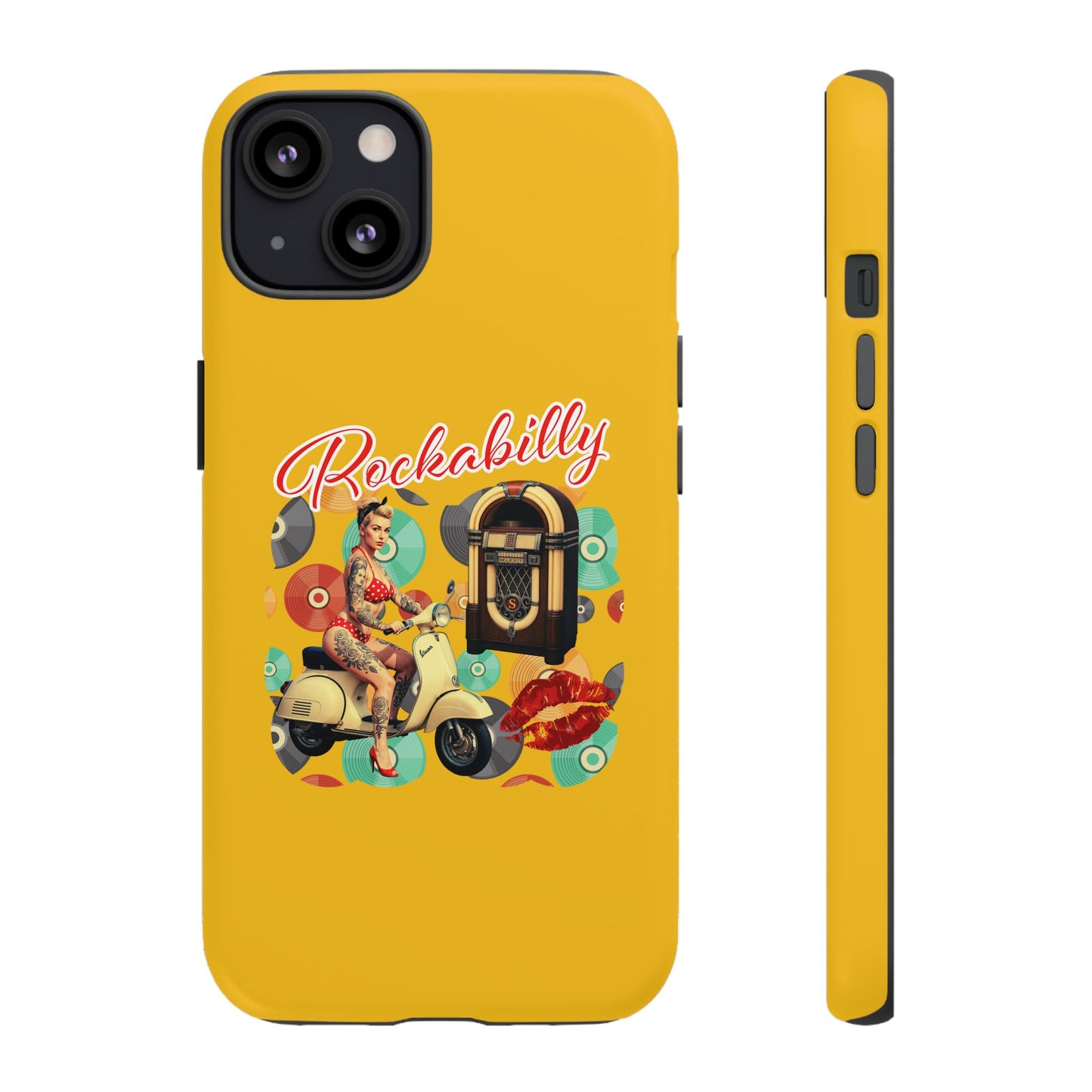 Rockabilly Phone Case, Vintage Scooter Design, Retro Style Cover, Fun Gift for Music Lovers, Yellow Tough Cases