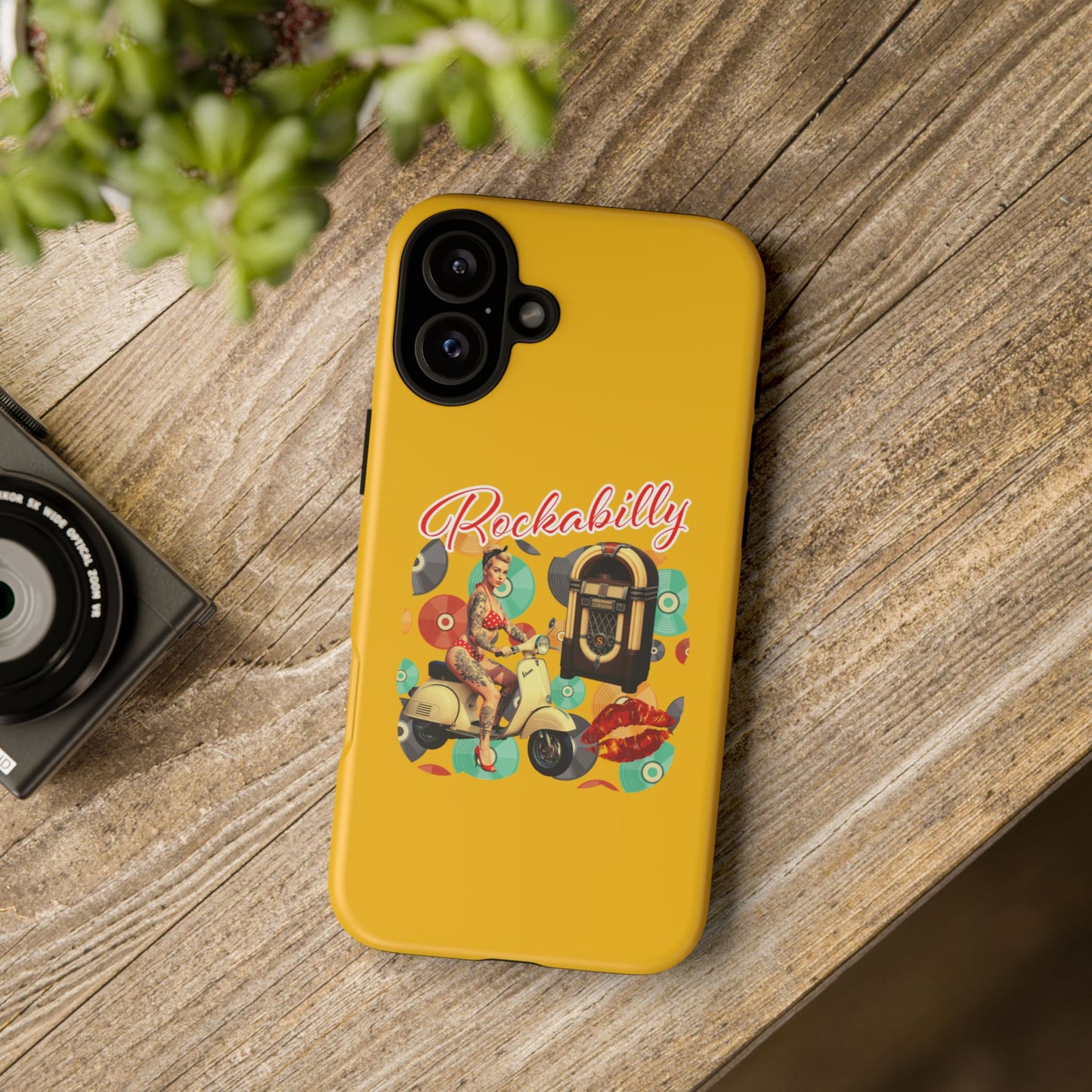 Rockabilly Phone Case, Vintage Scooter Design, Retro Style Cover, Fun Gift for Music Lovers, Yellow Tough Cases