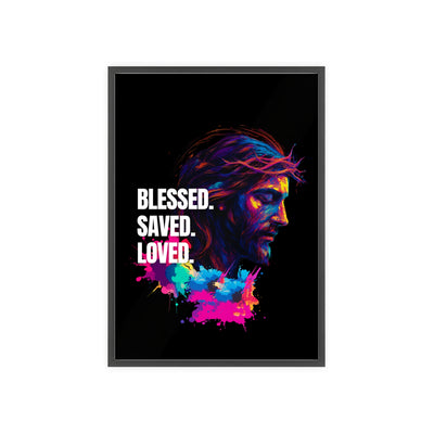 Inspirational Jesus Wall Art - 'Blessed, Saved, Loved' Poster with Wooden Frame 