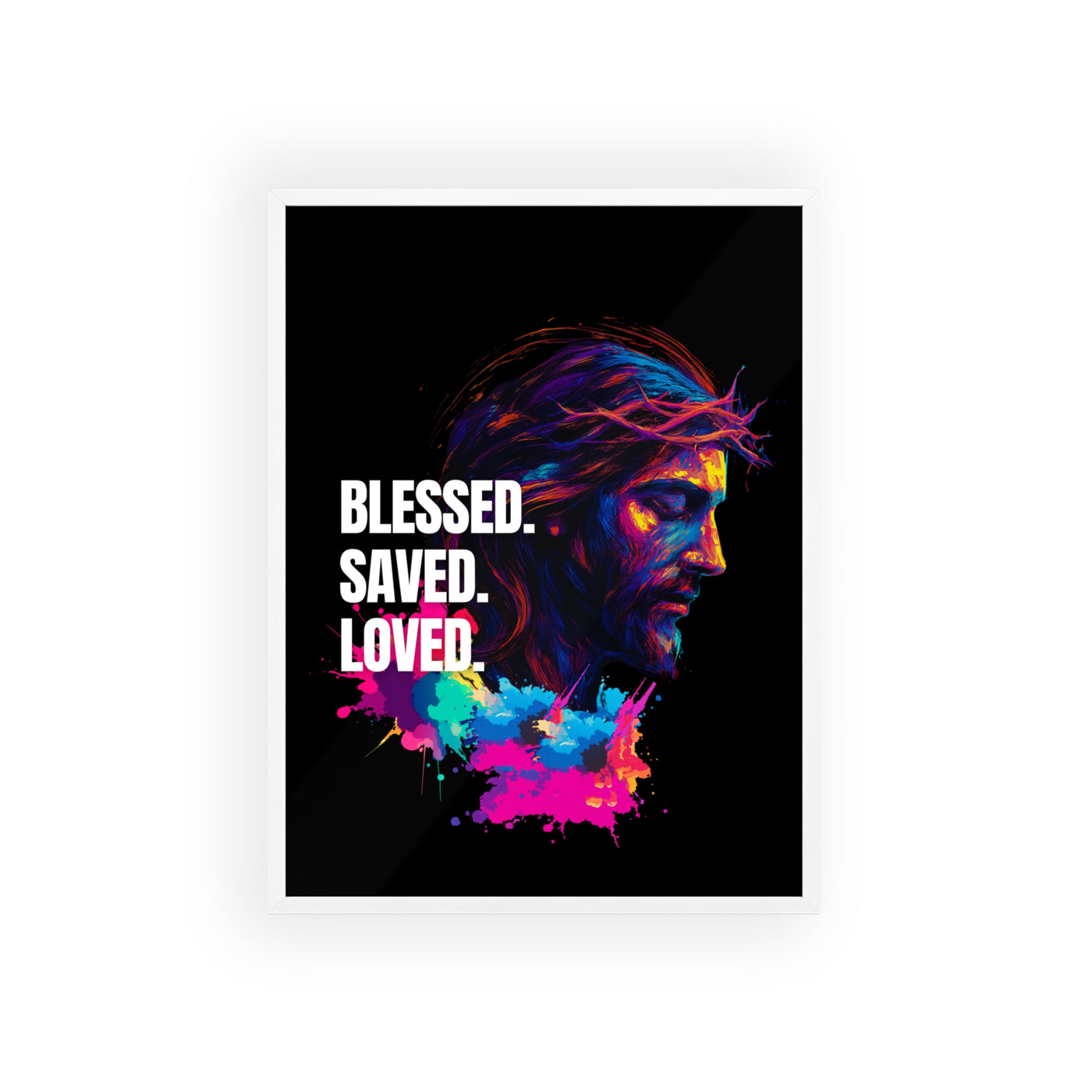 Inspirational Jesus Wall Art - 'Blessed, Saved, Loved' Poster with Wooden Frame 