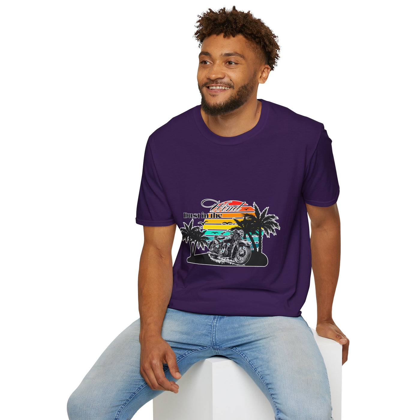 Dust in the Wind Unisex Jersey Tee – Retro Motorcycle & Palm Trees Design