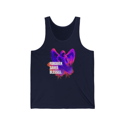Spiritual Erzengel Unisex Jersey Tank - "Forgiven. Saved. Blessed." Inspirational Apparel