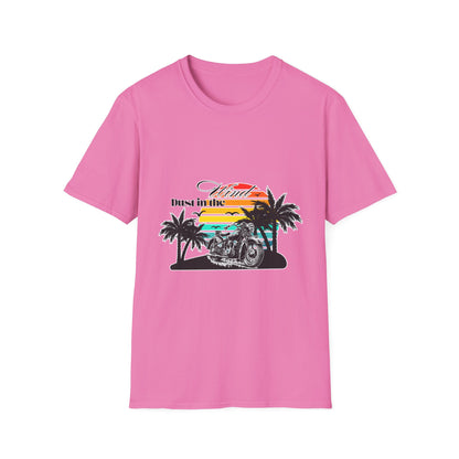 Dust in the Wind Unisex Jersey Tee – Retro Motorcycle & Palm Trees Design
