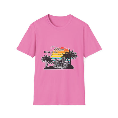 Dust in the Wind Unisex Jersey Tee – Retro Motorcycle & Palm Trees Design