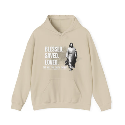 Blessed, Saved, Loved Hoodie - Unisex Heavy Blend Sweatshirt for Comfort and Faith Jesus