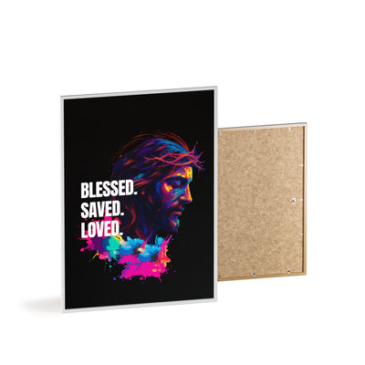 Inspirational Jesus Wall Art - 'Blessed, Saved, Loved' Poster with Wooden Frame 