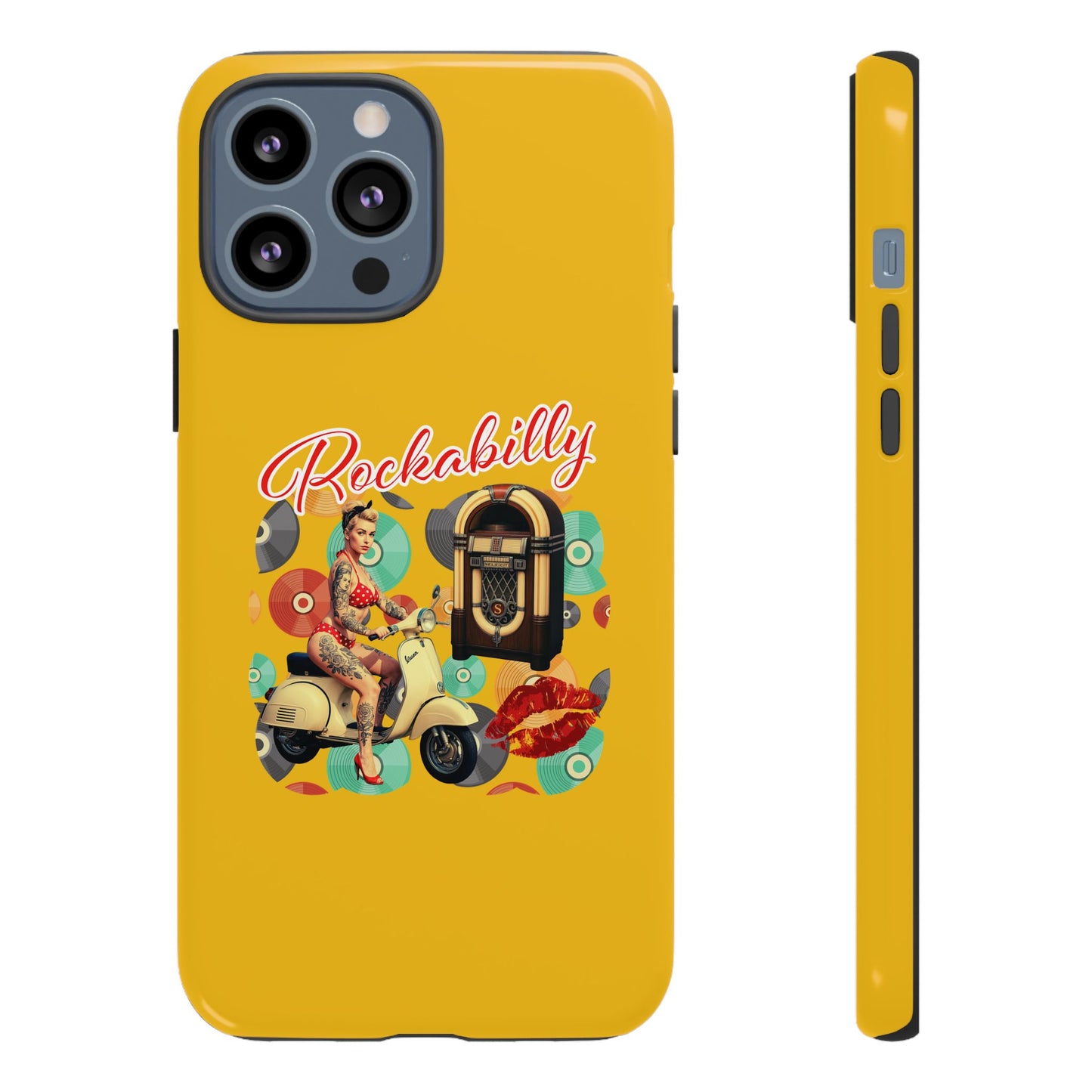 Rockabilly Phone Case, Vintage Scooter Design, Retro Style Cover, Fun Gift for Music Lovers, Yellow Tough Cases