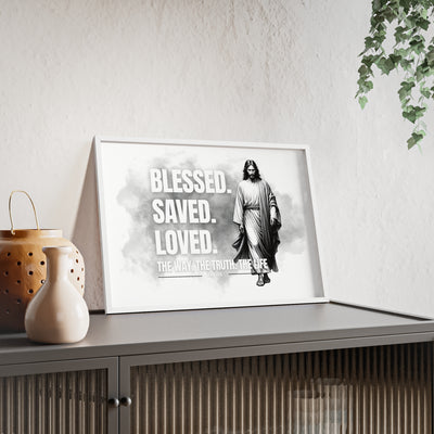 Inspirational Jesus Wall Art - Blessed, Saved, Loved - Framed Poster