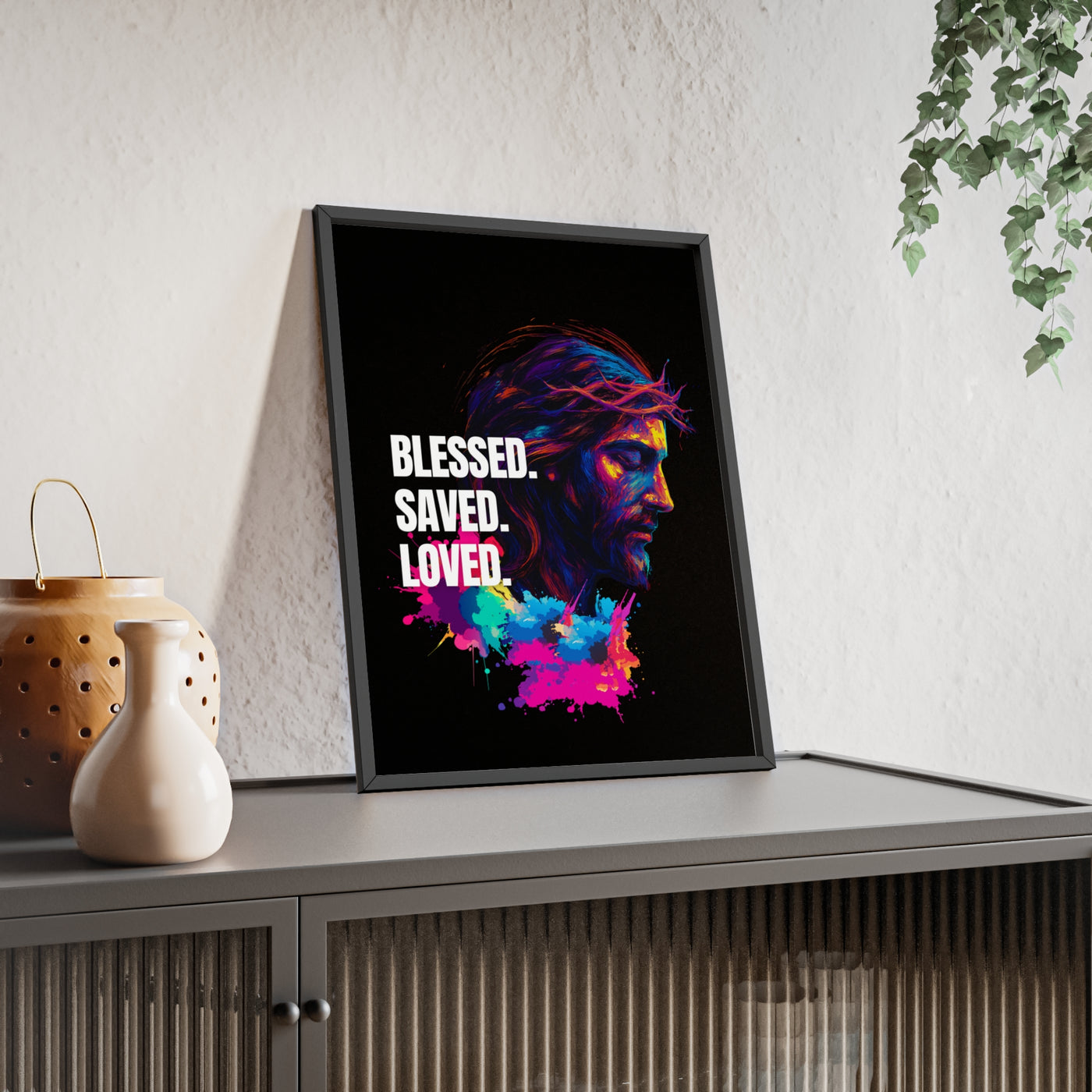 Inspirational Jesus Wall Art - 'Blessed, Saved, Loved' Poster with Wooden Frame 