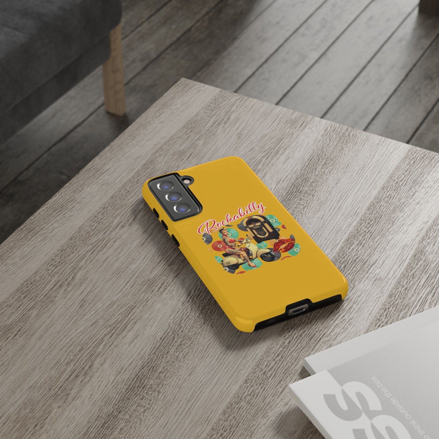 Rockabilly Phone Case, Vintage Scooter Design, Retro Style Cover, Fun Gift for Music Lovers, Yellow Tough Cases