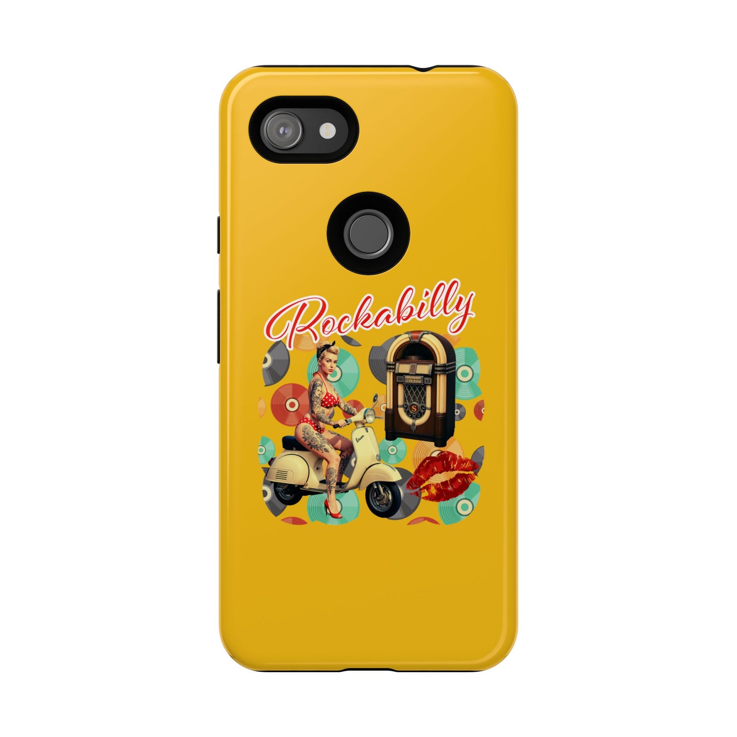 Rockabilly Phone Case, Vintage Scooter Design, Retro Style Cover, Fun Gift for Music Lovers, Yellow Tough Cases