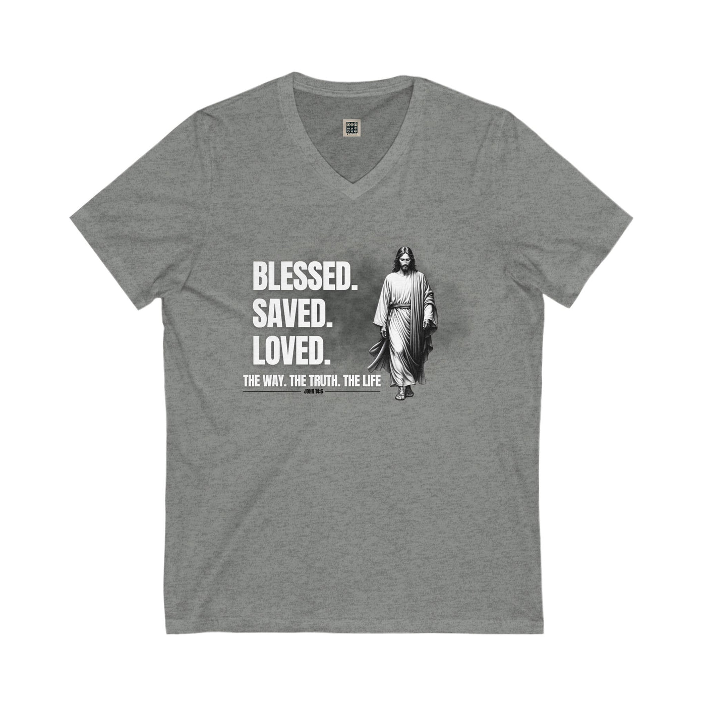 Blessed Saved Loved Unisex V-Neck Tee - Inspirational Faith Shirt