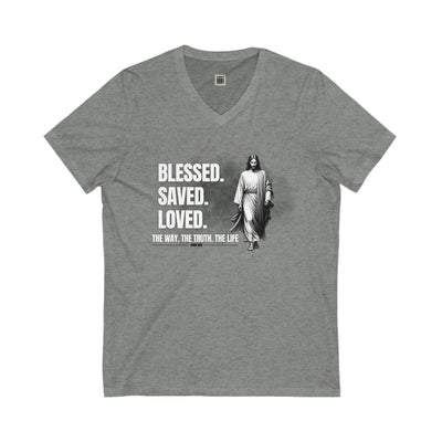 Blessed Saved Loved Unisex V-Neck Tee - Inspirational Faith Shirt