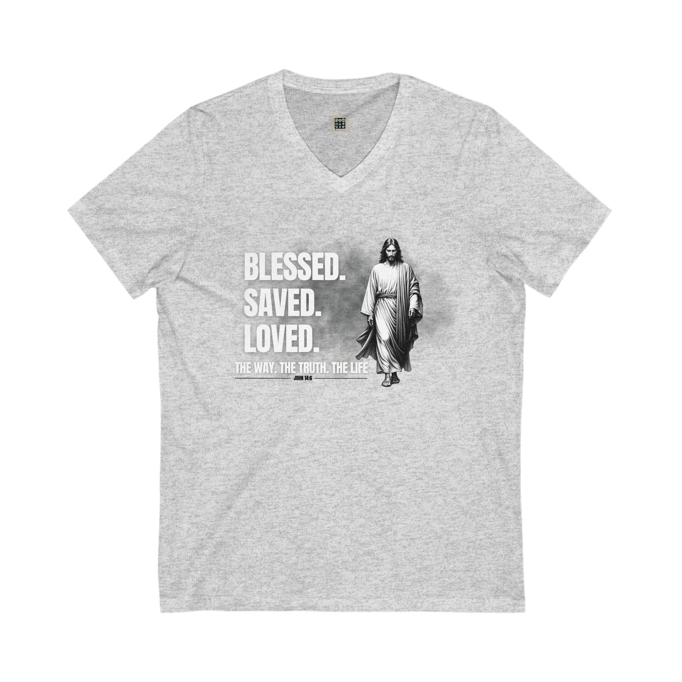 Blessed Saved Loved Unisex V-Neck Tee - Inspirational Faith Shirt
