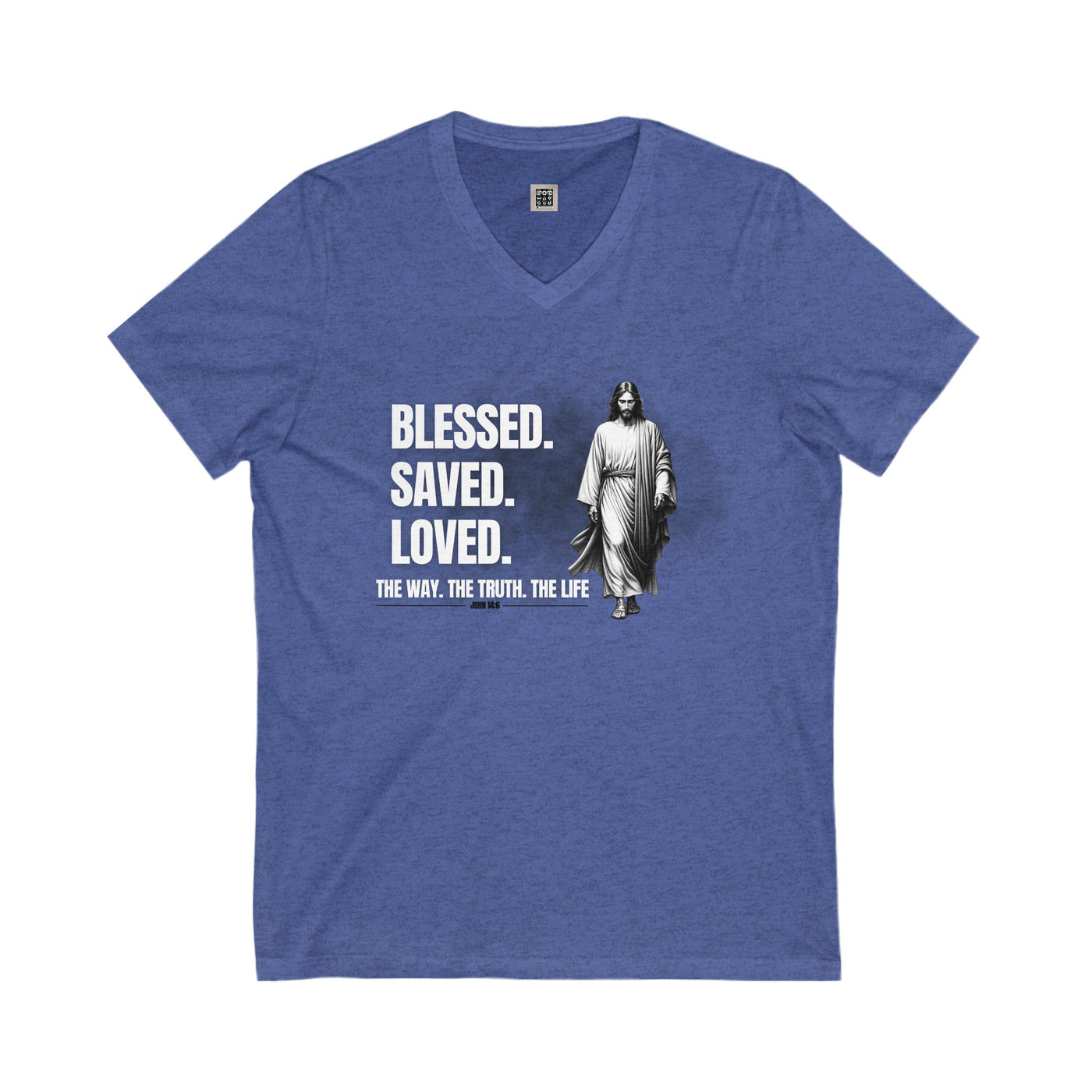 Blessed Saved Loved Unisex V-Neck Tee - Inspirational Faith Shirt