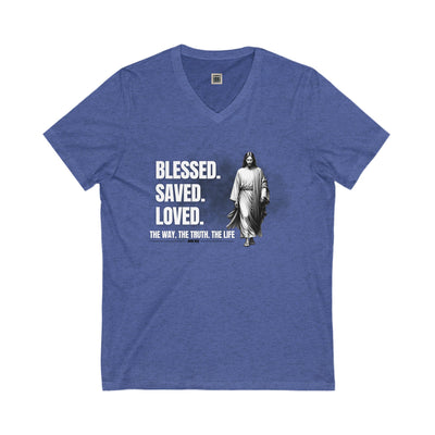 Blessed Saved Loved Unisex V-Neck Tee - Inspirational Faith Shirt