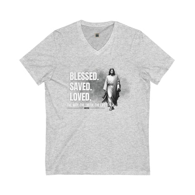 Blessed Saved Loved Unisex V-Neck Tee - Inspirational Faith Shirt