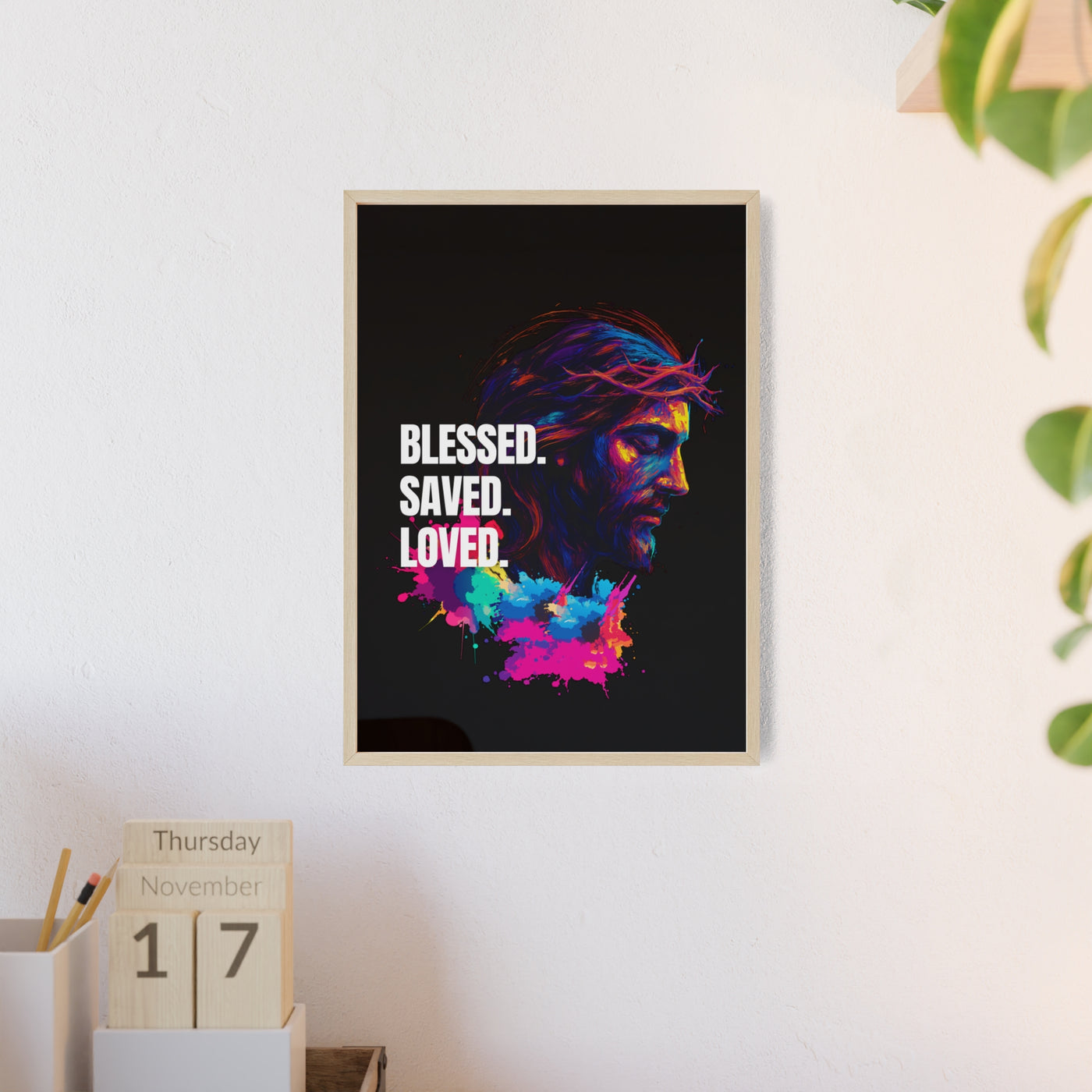 Inspirational Jesus Wall Art - 'Blessed, Saved, Loved' Poster with Wooden Frame 