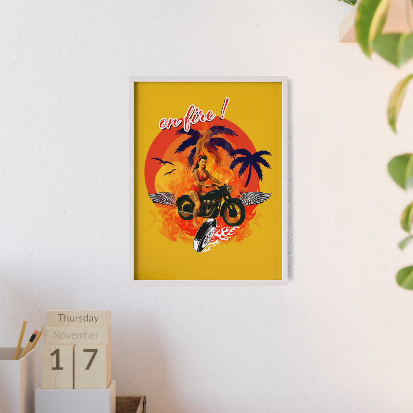 Vibrant Motorcycle Poster with Wooden Frame | Retro Wall Art for Bikers