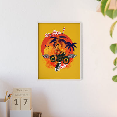 Vibrant Motorcycle Poster with Wooden Frame | Retro Wall Art for Bikers