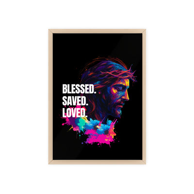 Inspirational Jesus Wall Art - 'Blessed, Saved, Loved' Poster with Wooden Frame 