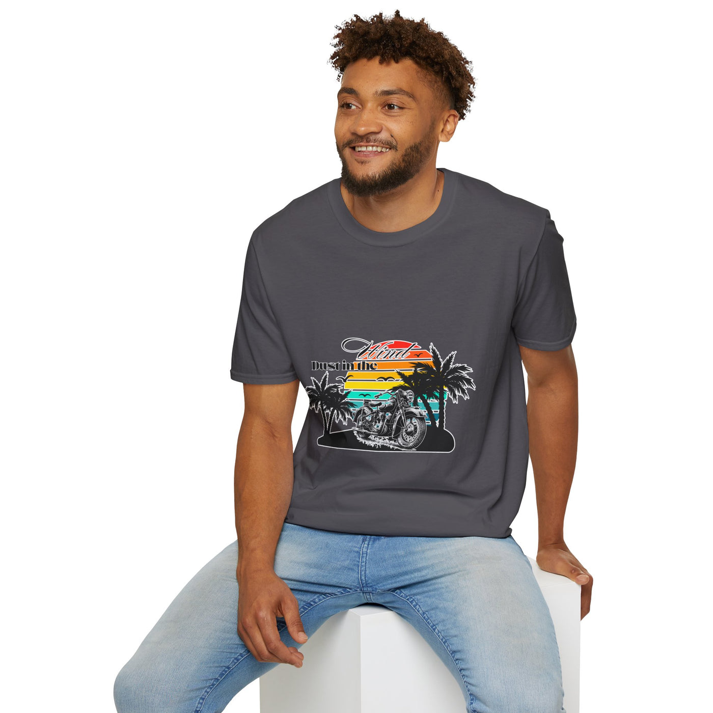 Dust in the Wind Unisex Jersey Tee – Retro Motorcycle & Palm Trees Design