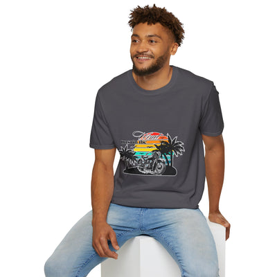 Dust in the Wind Unisex Jersey Tee – Retro Motorcycle & Palm Trees Design