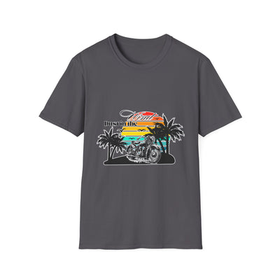 Dust in the Wind Unisex Jersey Tee – Retro Motorcycle & Palm Trees Design