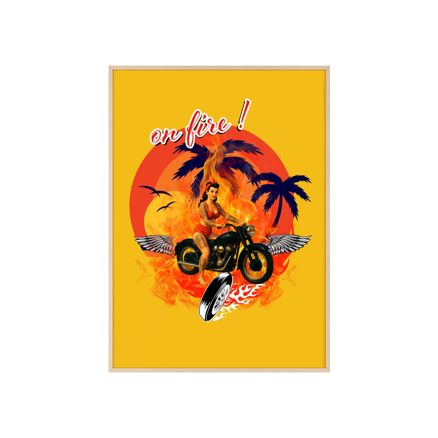 Vibrant Motorcycle Poster with Wooden Frame | Retro Wall Art for Bikers