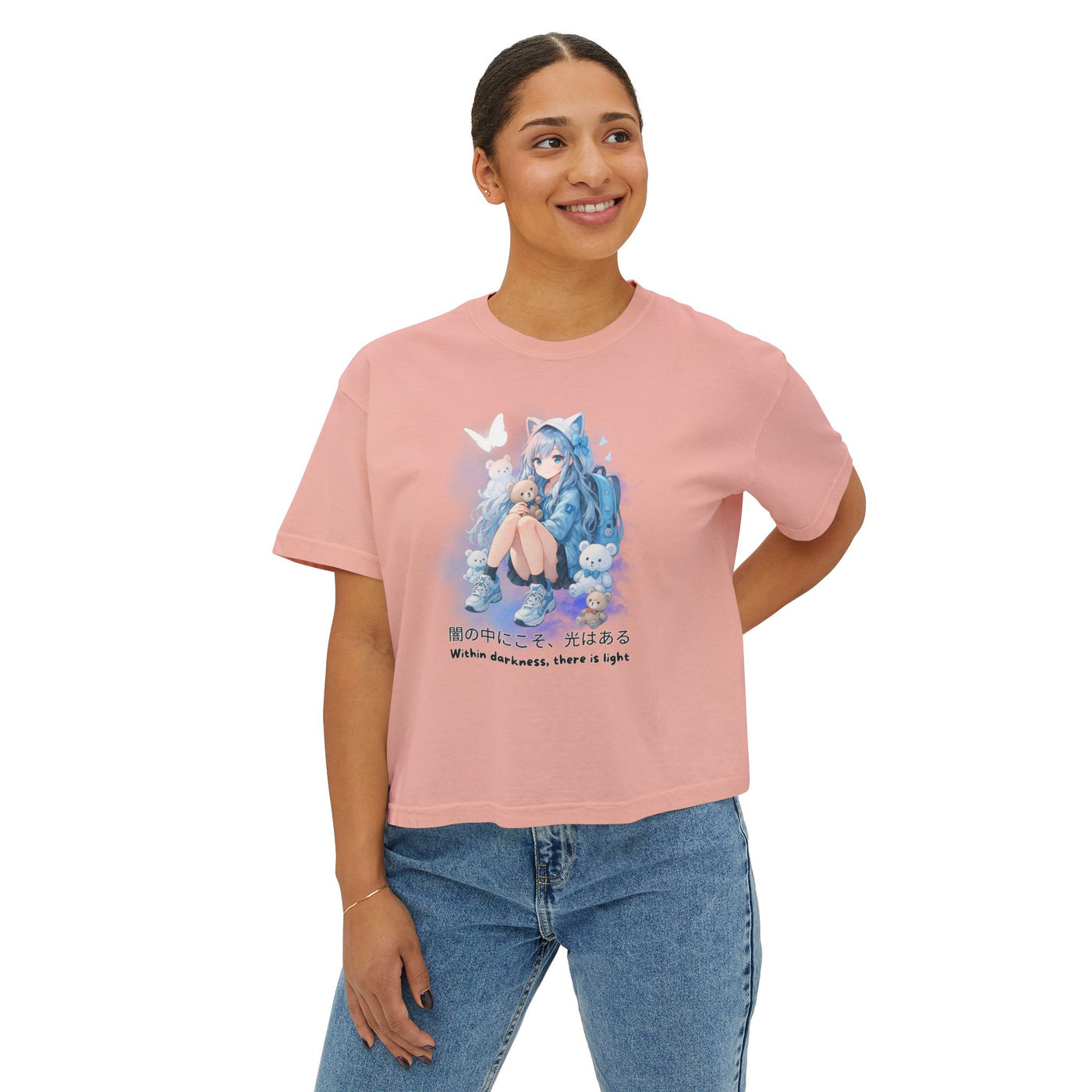 Women's Boxy Tee - "Within Darkness, There is Light" Cozy Cartoon Tee Anime