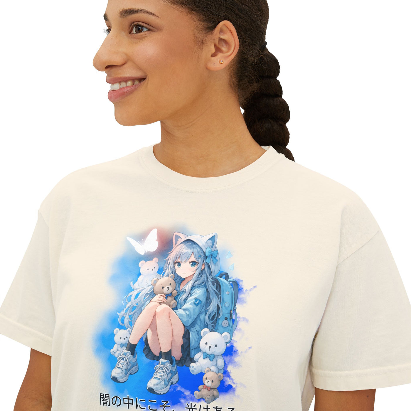Women's Boxy Tee - "Within Darkness, There is Light" Cozy Cartoon Tee Anime